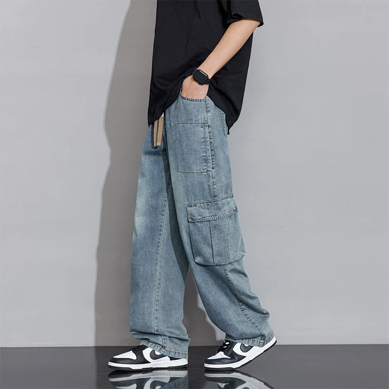Spring New Wide Leg Washing Jean Cargo Pants Men Street Trousers Neutral Solid Color Loose Casual Thin summer pants Big Size 8xl 3