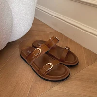 BEAUTODAY Casual Slippers Women Genuine Leather Solid Double Strap Summer Beach Ladies Brown Footwears Handmade 34085 - Image 2