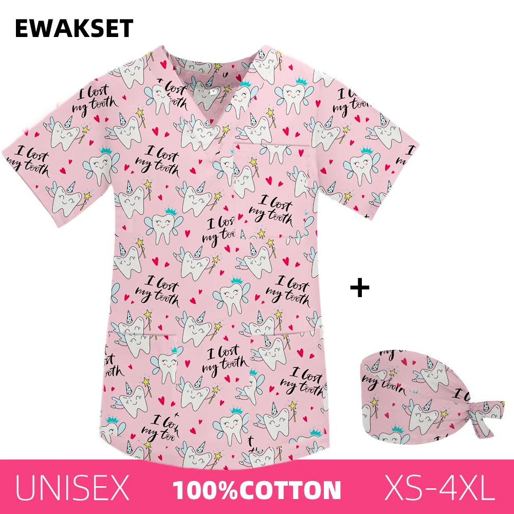 Women Men Scrub Tops Caps Teeth Printed Short sleeve Dentist Shirt Dental Uniform Nurse Doctor V-Neck Hospital Medical Blouse