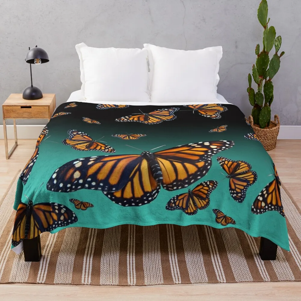 

Blue and orange monarch butterfly pattern Throw Blanket sofa bed Picnic Blanket Flannel Fabric