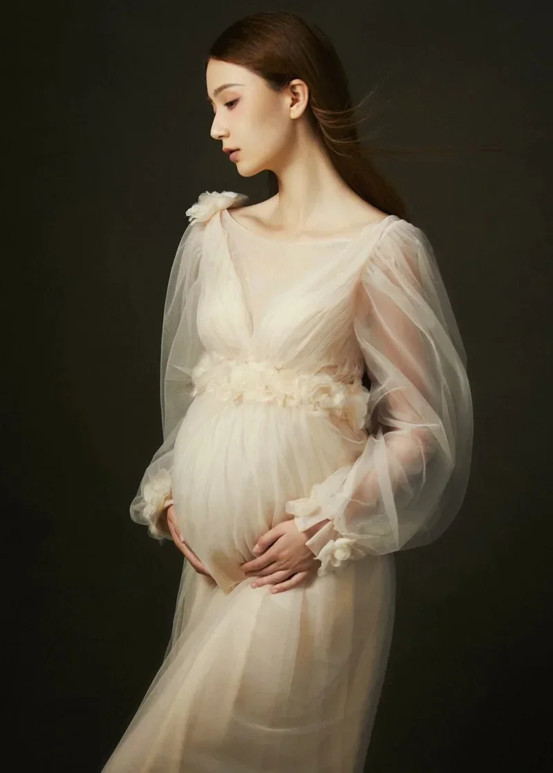 women's-champagne-maternity-photo-shoot-long-sleeves-tulle-floral-pregnant-photography-props-long-mesh-maxi-dress