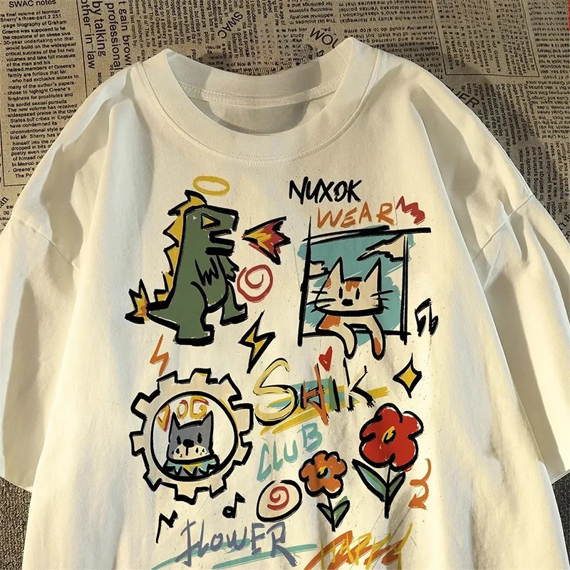 الرجعية Ins الكرتون الكتابة على الجدران تي شيرت مطبوع المرأة قصيرة الأكمام زوجين تي شيرت Y2K أفضل الملابس النسائية 2025 الجرافيك تي شيرت Y2K