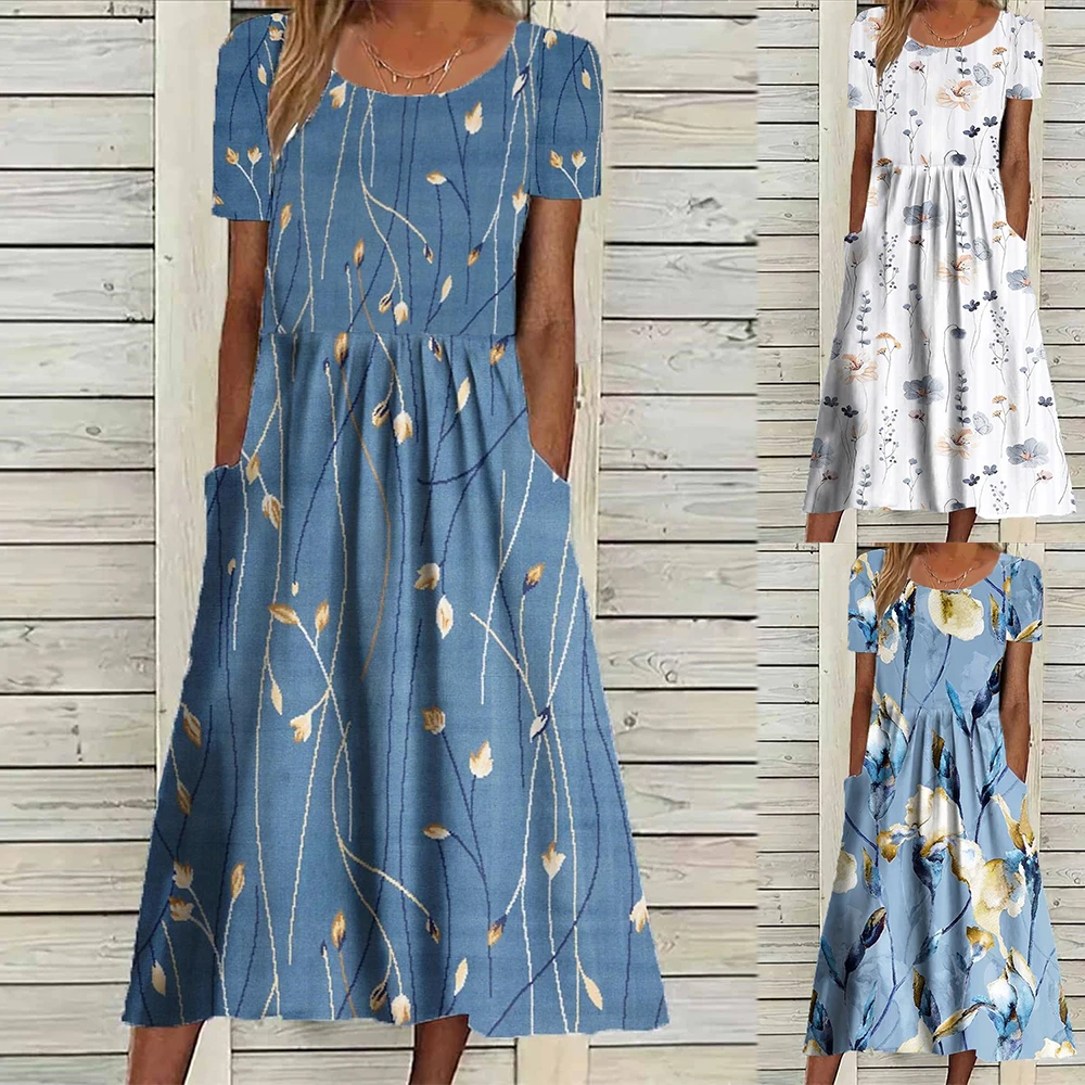

Women's Casual Dress Summer Dress Floral Pocket Print Crew Neck Midi Dress Fashion Streetwear Outdoor Short Sleeve Loose Fit