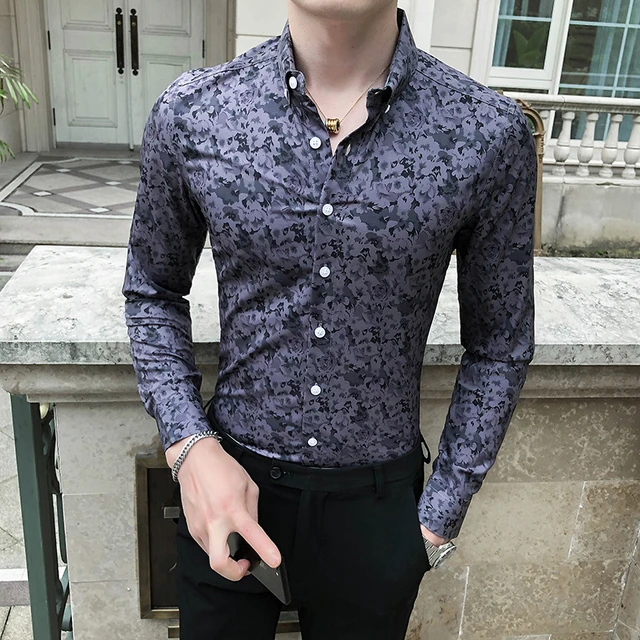 Long Sleeve Shirts Flowers Design Mens  Fashion Floral Print Men Shirt -  Slim Fit - Aliexpress