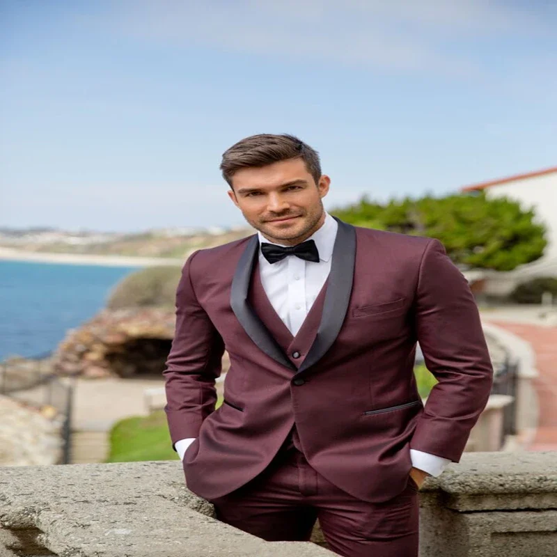 Elegant Burgundy Formal Wedding Suits GroomTuxedo Prom Slim Fit Blazer Hombre High Quality Custom 3 Piece Set Jacket Pant Vest