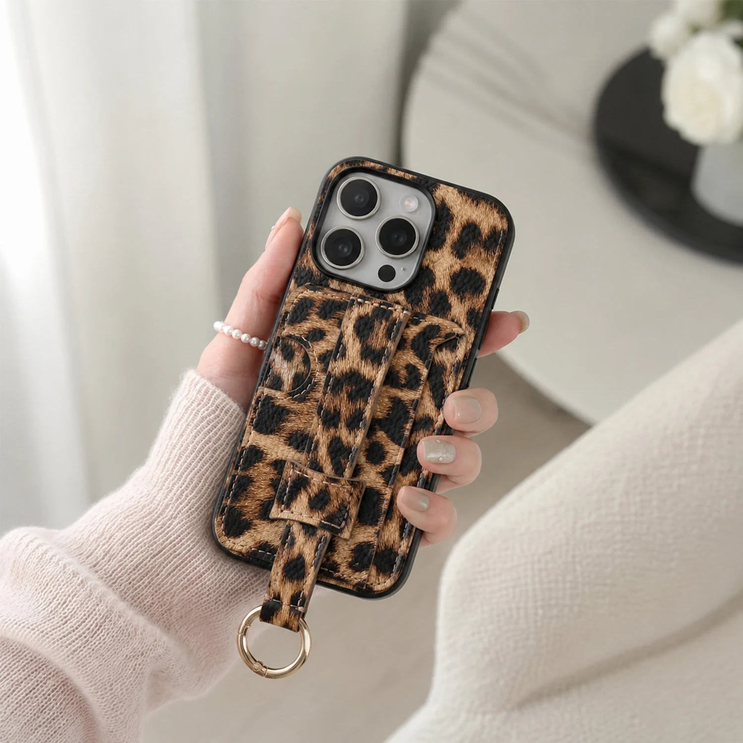 Leopard Print Pebbled PU Leather Phone Case with Card Holder and Finger Strap Ring Hook
