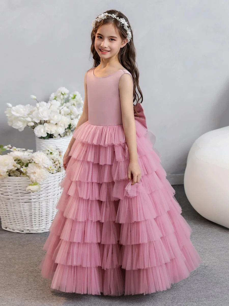 

Crew Neck Satin Tulle Flower Girl Dresses With Tiered Pleats & Bowknot vestidos de 15 quinceañera vestidos para niñas