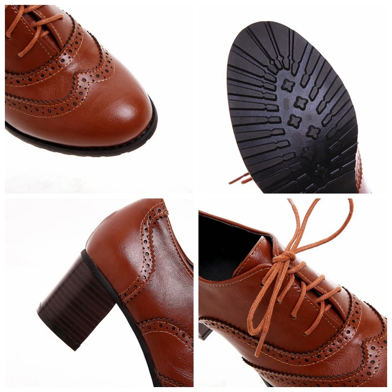 Women Pumps Round Toe 5.5cm Wood Heels Platform Brogue Retro Lace-Up