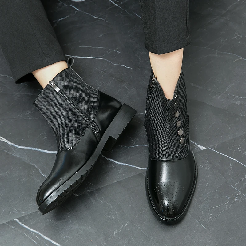 HKDQ Fashion Button Canvas Zip Men's Chelsea Boots High Quality Breathable Mens Leather Boots Comfortable High-top Shoes For Men