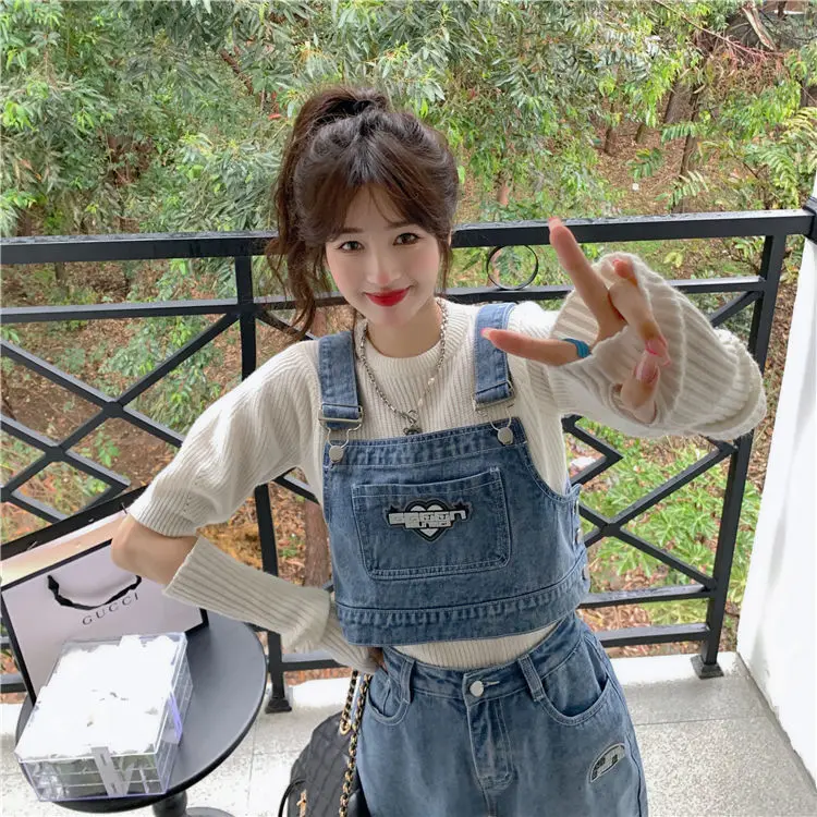 

Vintage Women Denim 2 Piece Set Strapless Sling Design Sleeveless Loose Wide Leg Jeans and Short Tops Streetwear Two Piece Suits