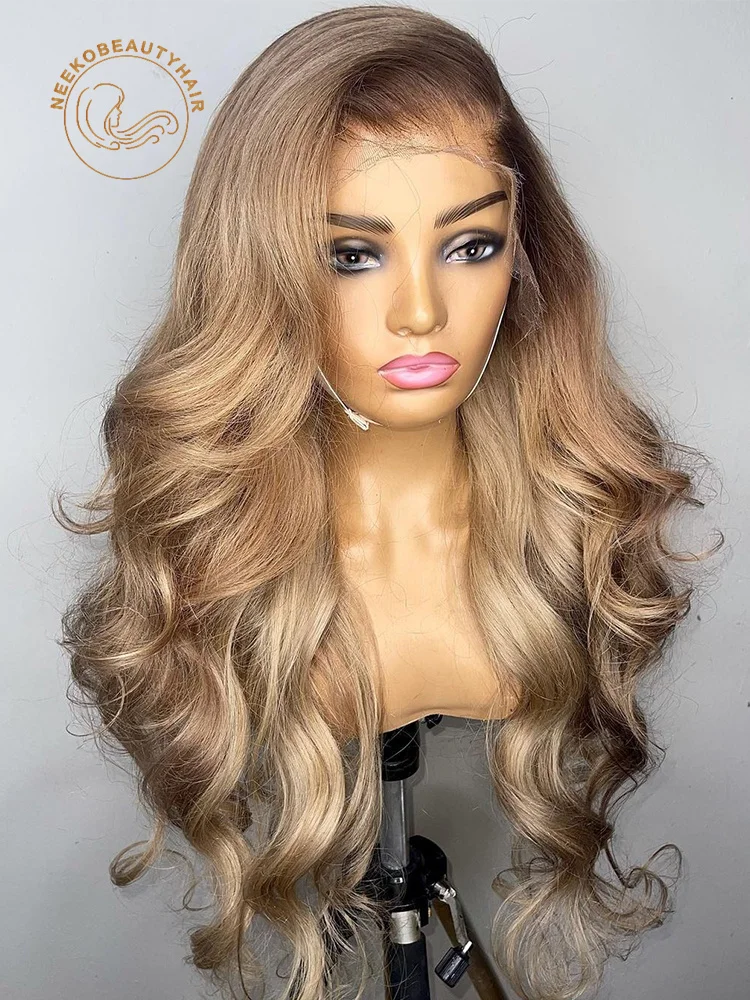 Honey Blonde Lace Front Wig Body Wave 13x6 HD Transparent Lace Frontal Wig Ombre Blonde Colored Human Hair Wigs With Brown Root