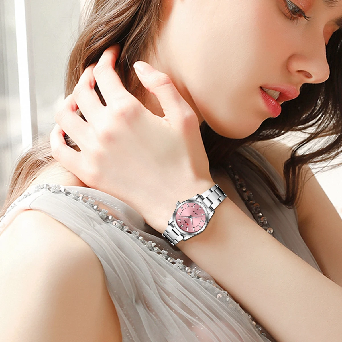Luxury Women's Watch 29mm Fashionable Stainless Steel Rhinestone Pink Minimalist Girl Clock Outdoor Travel Women Wrist Watches 2