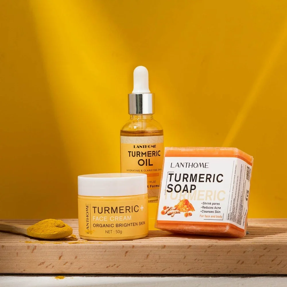 Turmeric Skin Care Sets Fade Dark Spots Remover Serum Oil Anti-Aging Skin Cleanser Soap Natural Facial Acne Cleansing Cream 3pcs