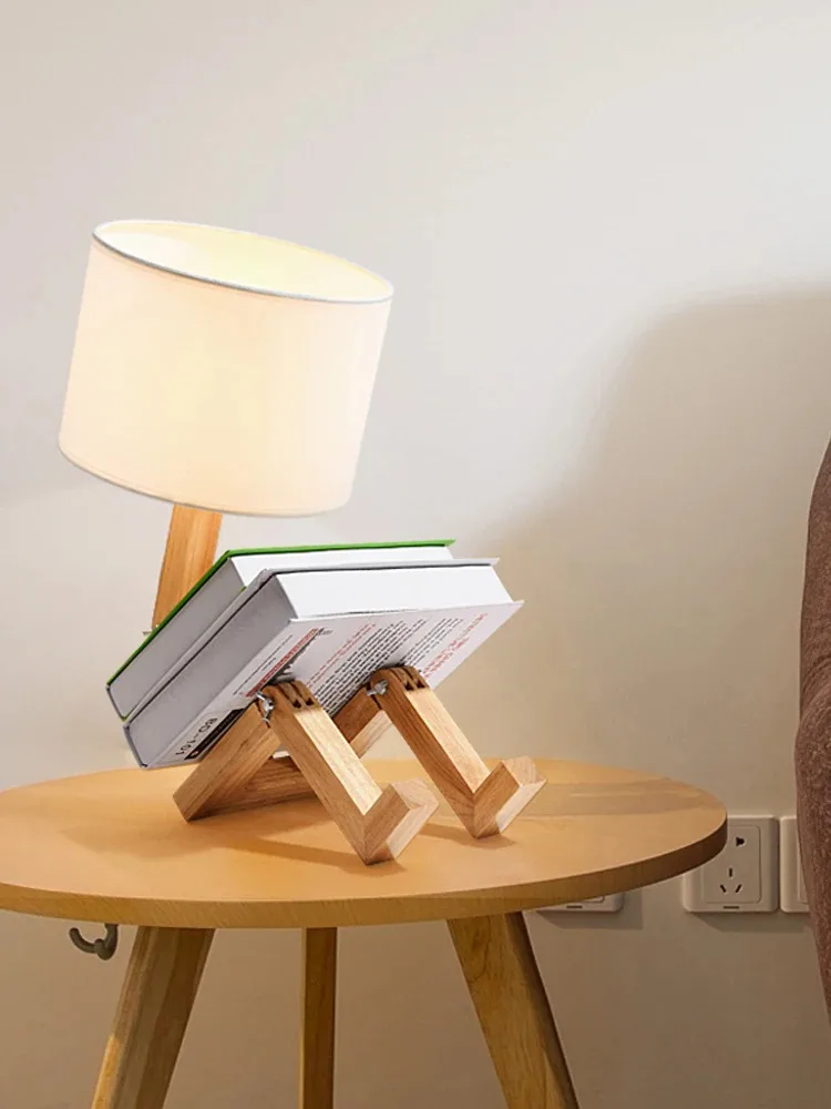 Table Lamp Wooden Robot Shape Creative Indoor Study Fashion Reading Desk Lamp Nordic Bedroom Desktop Decorative Night Light