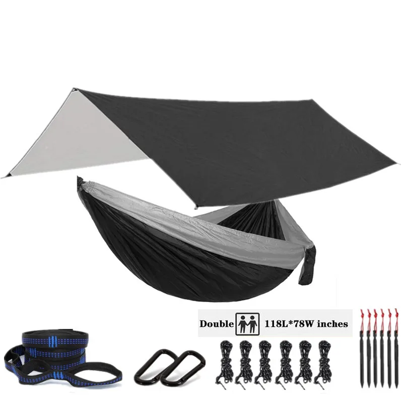 Oversized Double 118inx79in Hammock with 118inx118in Rain Fly Tarp, Indoor Outdoor Backpacking Survival & Travel Camping Hammock 