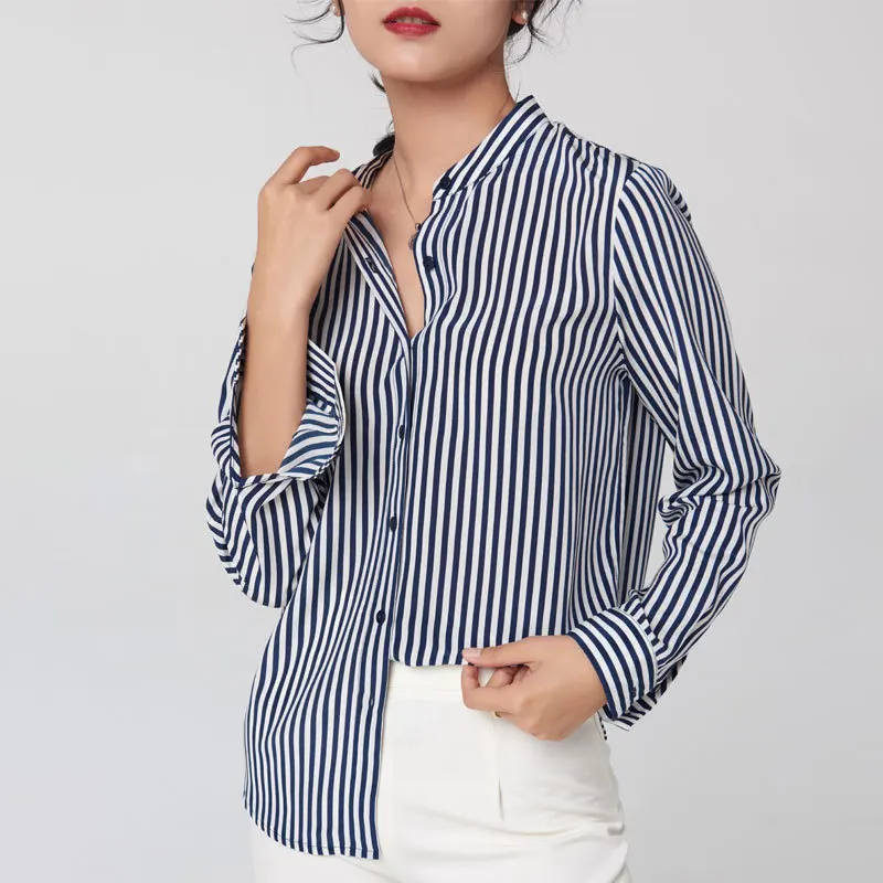 

New Spring 100% Silk Blouse Top Women Natural Fiber High Quality Long Sleeve Striped Shirt Office Lady Summer Clothing