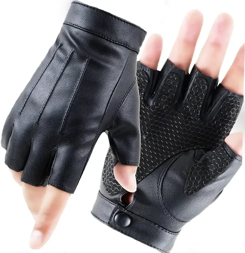 1 Pair Fingerless Cycling Gloves PU Leather Gloves Outdoor Sport Faux with Anti-slip Layer Glove for Driving Motorcyle 3
