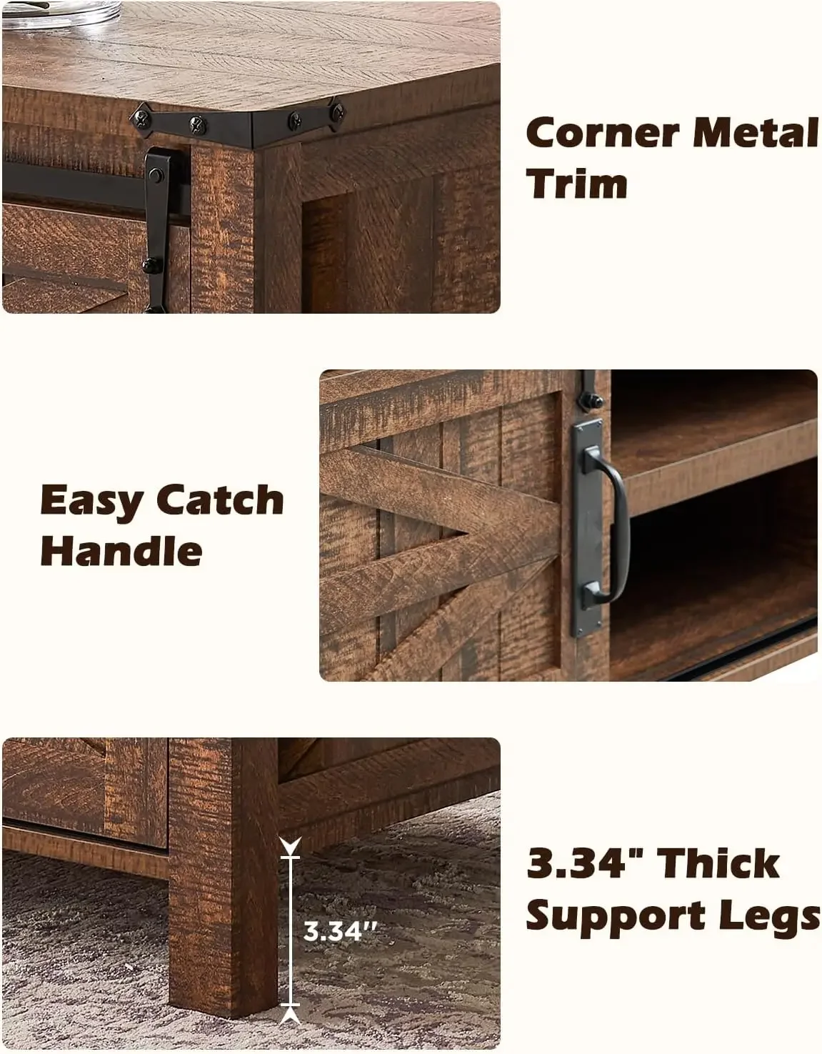 48" Farmhouse Lift Top Coffee Table with Sliding Barn Door,Rustic Center Table with Hidden Storage Compartment 6