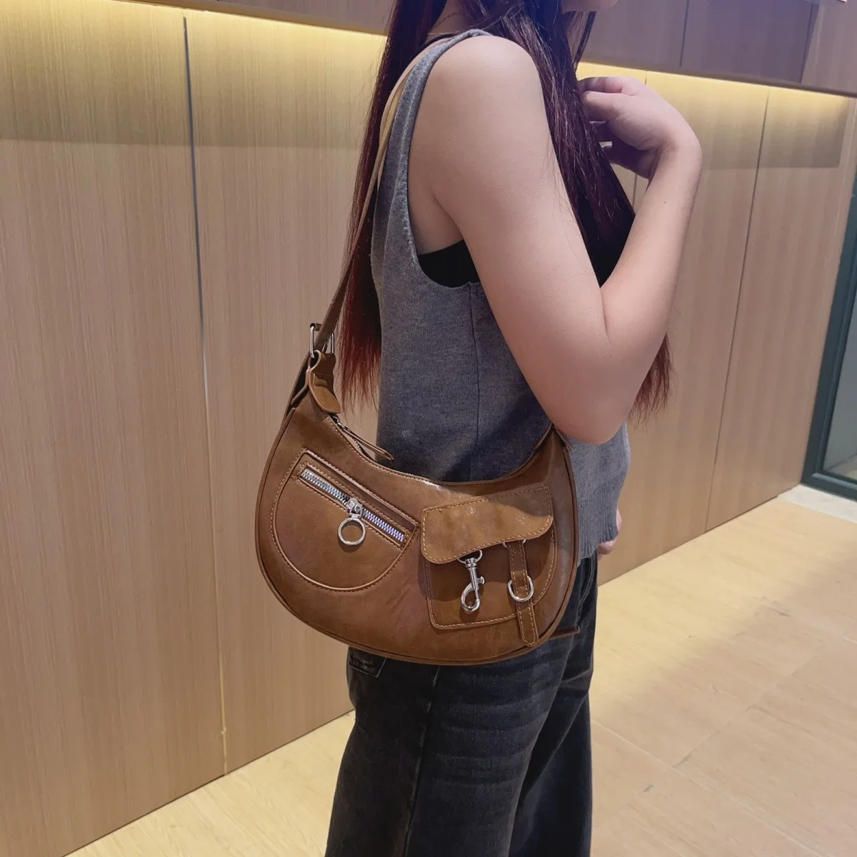 JIAERDI Retro Brown Underarm Bag Women Fashionable Moto Biker Leather Chic Y2k Handbag Ladies Casual Crossbody Bags 2025 New