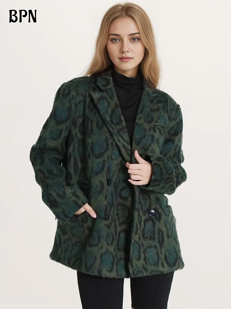 

BPN Temperament Leopard Blazers For Women Notched Collar Long Lssve Patchwork Pockets Double Breasted Casual Blazer Female Style