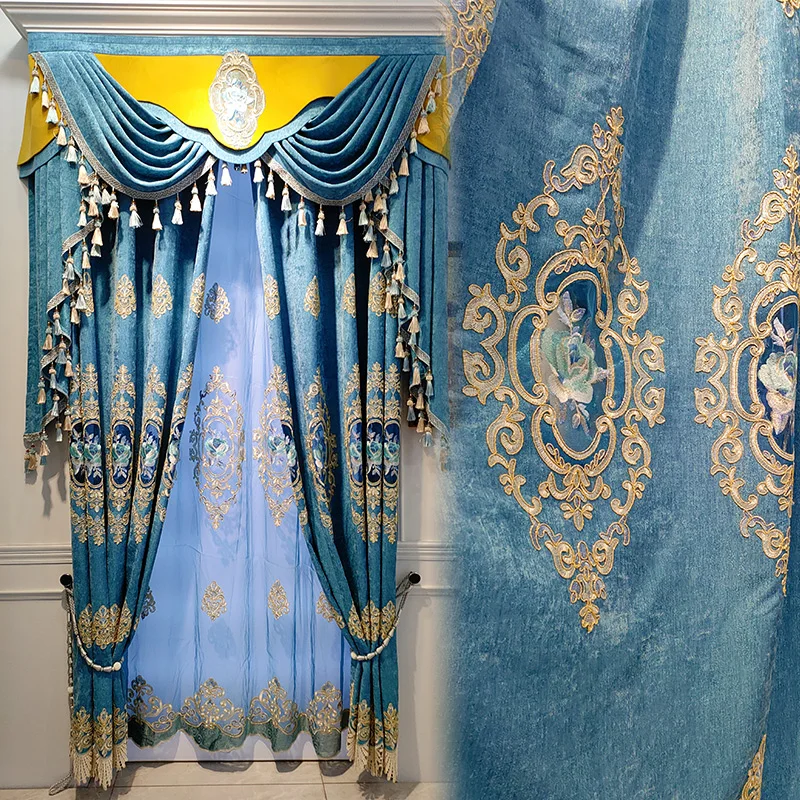 

Новая роскошная атмосферная синяя занавеска из шенилла с вышивкой в европейском стиле