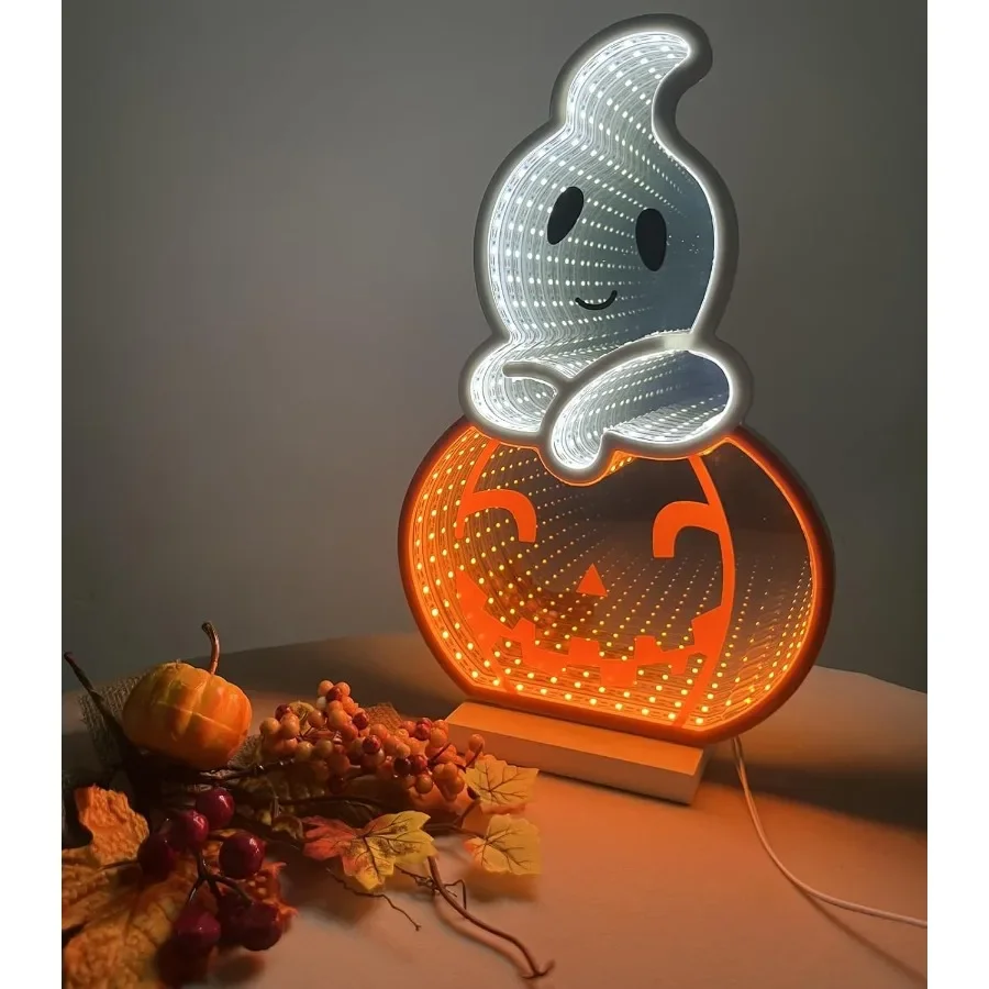 LED Halloween Pumpkin Light Cute Neon Pumpkin and Ghost Sign Decor 11.57 Inch 3D Infinity Lights with USB Powered for Table Roo
