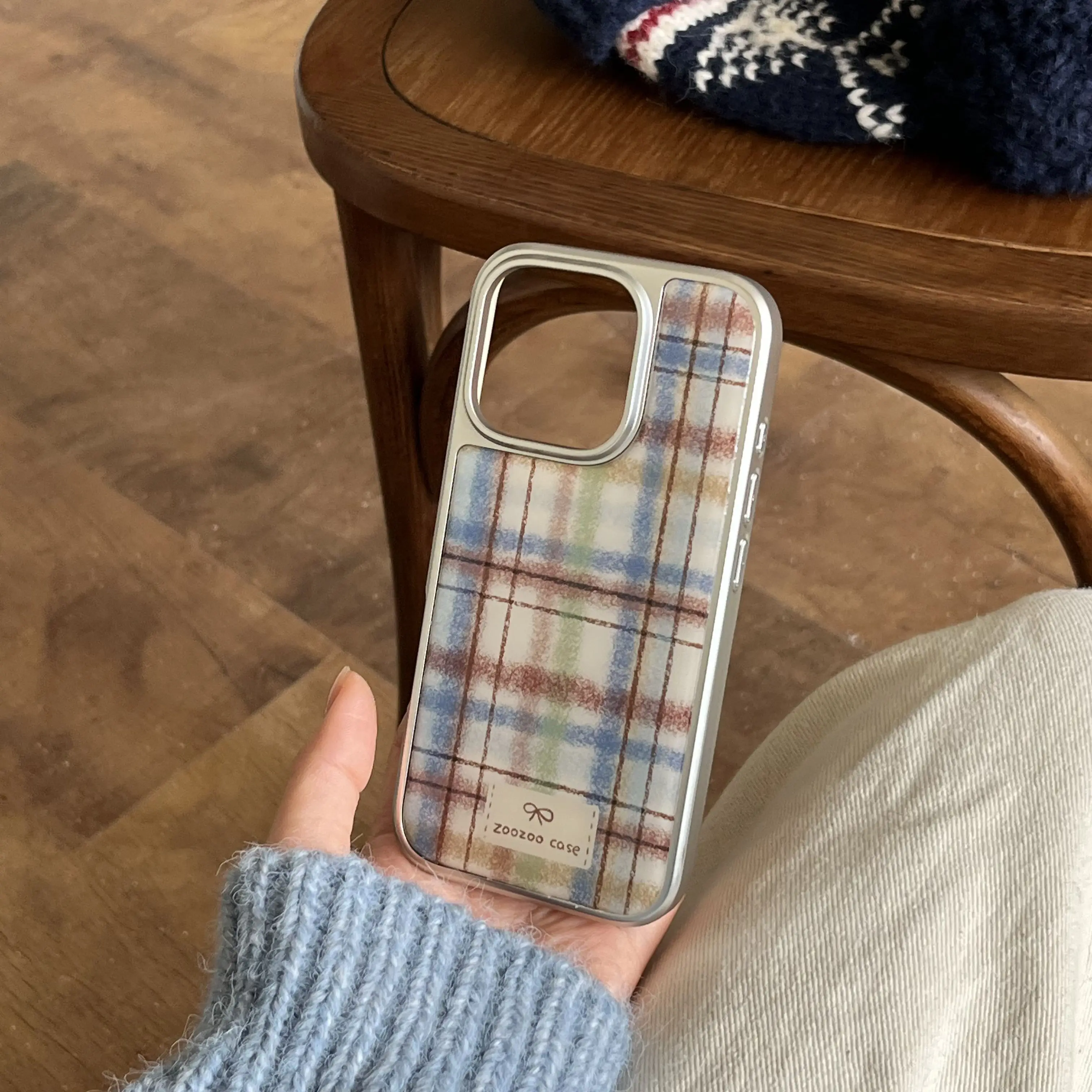 Retro Plaid Plush Silver Edge Protective Phone Case