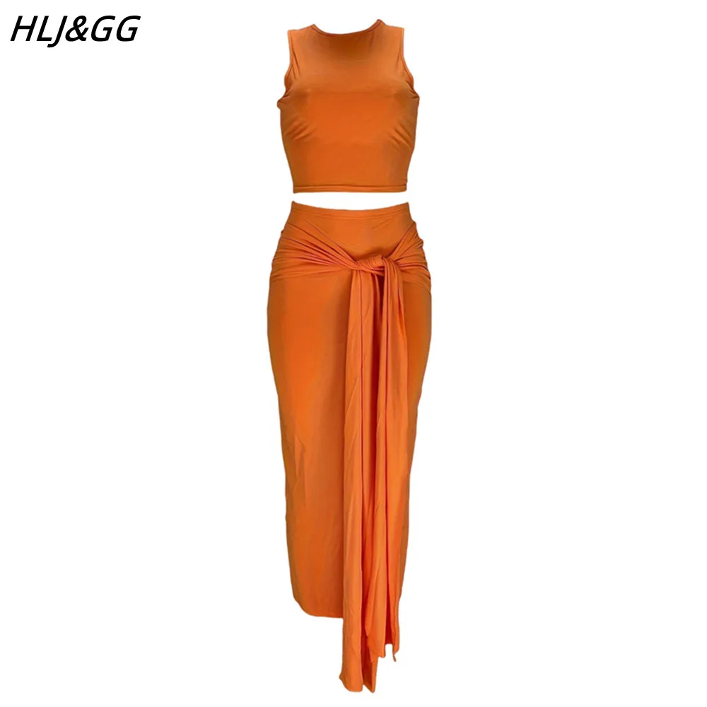 HLJ&GG Spring New Solid Bandage Skirts Two Piece Sets Women Round Neck Sleeveless Crop Top And Skirts Outfits Female Clothing