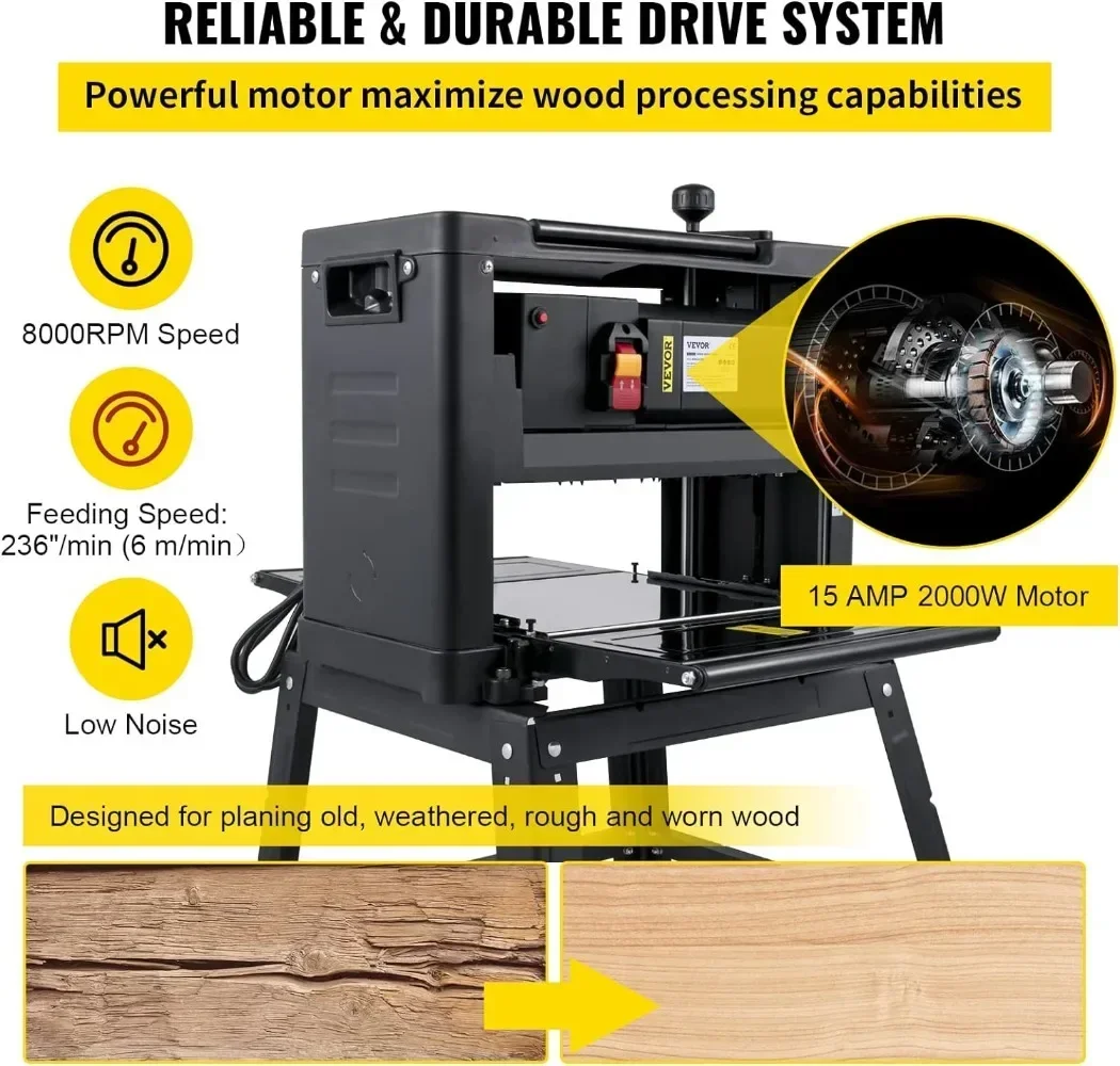 Thickness Planer 13-Inch Benchtop Planer 2000W Wood 8000 Rpm Woodworking 15 AMP Foldable