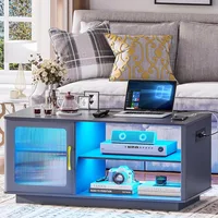 Coffee Table with Charging Station, 3 Color Dimmabl Dining Table with Large Storage Cabinet for Living Room,Cocktail Table with 1