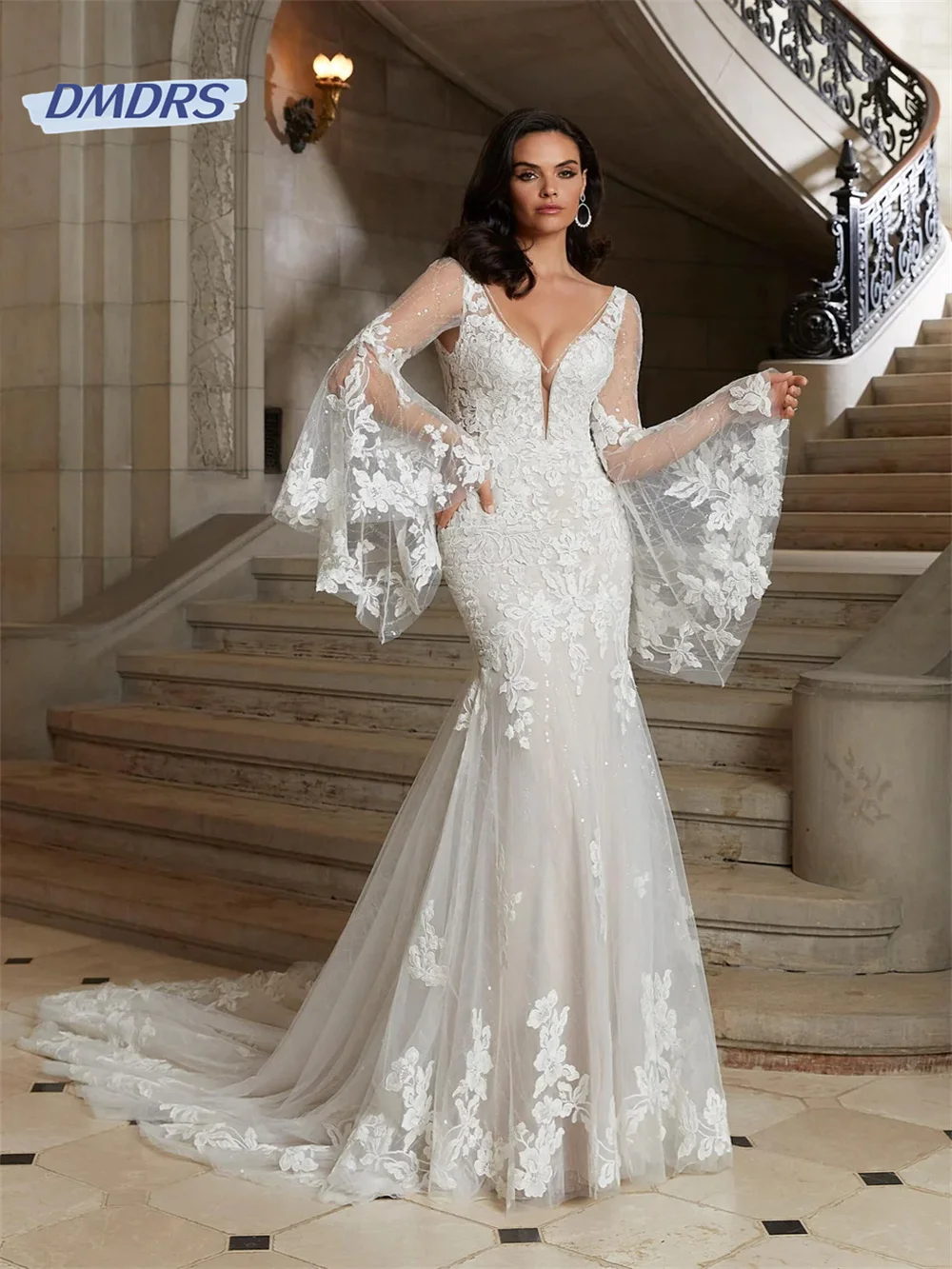 

Beach Detachable Sleeve Appliques Bridal Gown Romantic Deep V-neck Mermaid Wedding Dress Bohemian Vestidos De Novia