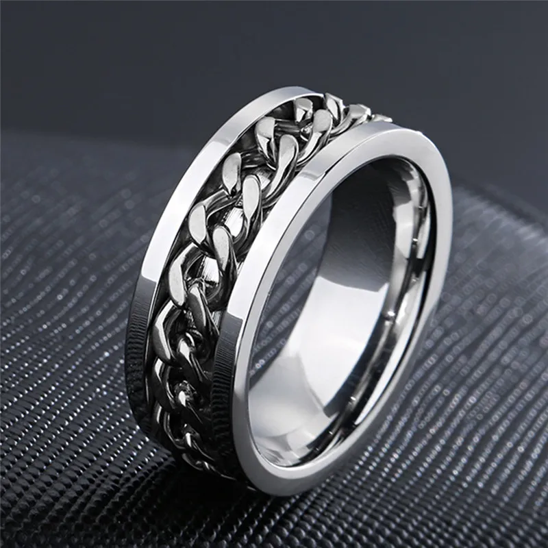 Finger Ring Stainless Steel Ring Couples Rings Chain Ring Fidget Spinner Ring Stainless Steel Rotatable Couple Ring Spinner Chain Rotable Rings for Women Man Punk Jewelry Party Gift
