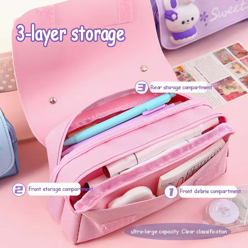 1Pcs 여자를위한 귀여운 토끼 감압 연필 케이스 어린이 방수 대용량 3D 펜 가방 학생 Kawaii 편지지