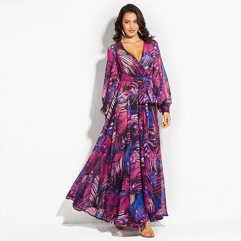 New Spring Summer Printed Muslim Dress For Women Lantern Long Sleeves V-Neck Female Clothing Fashion Casual Arab Islamic Dresses