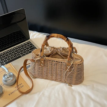 2025 Borse a tracolla e a tracolla intrecciate in paglia dura nuove casual String solide Borse retrò essenziali estive alla moda per le donne 1