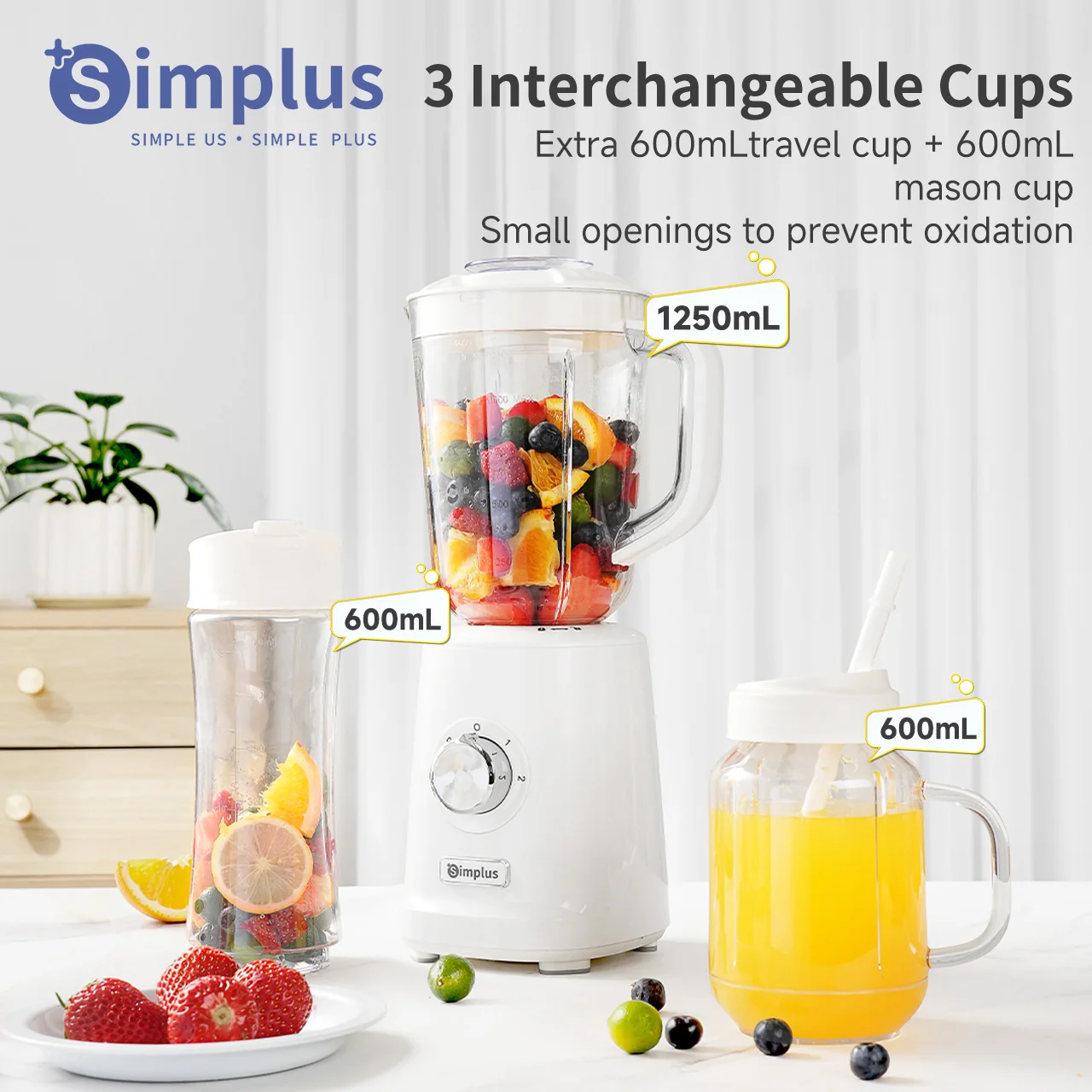 Simplus 1.25L Multi-function Food Processor Blender 3 Blending Modes 3 Interchangeable Cups Travel Cup Mason Cup, Juicer blender 5