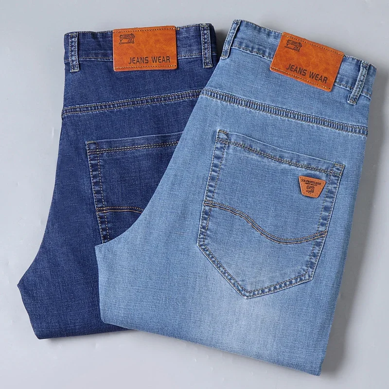 2023 Spring Summer Classic Pocket Men Fit Straight Thin Jeans Cotton Elastic Middle Waist Business Casual Lightweight Pants