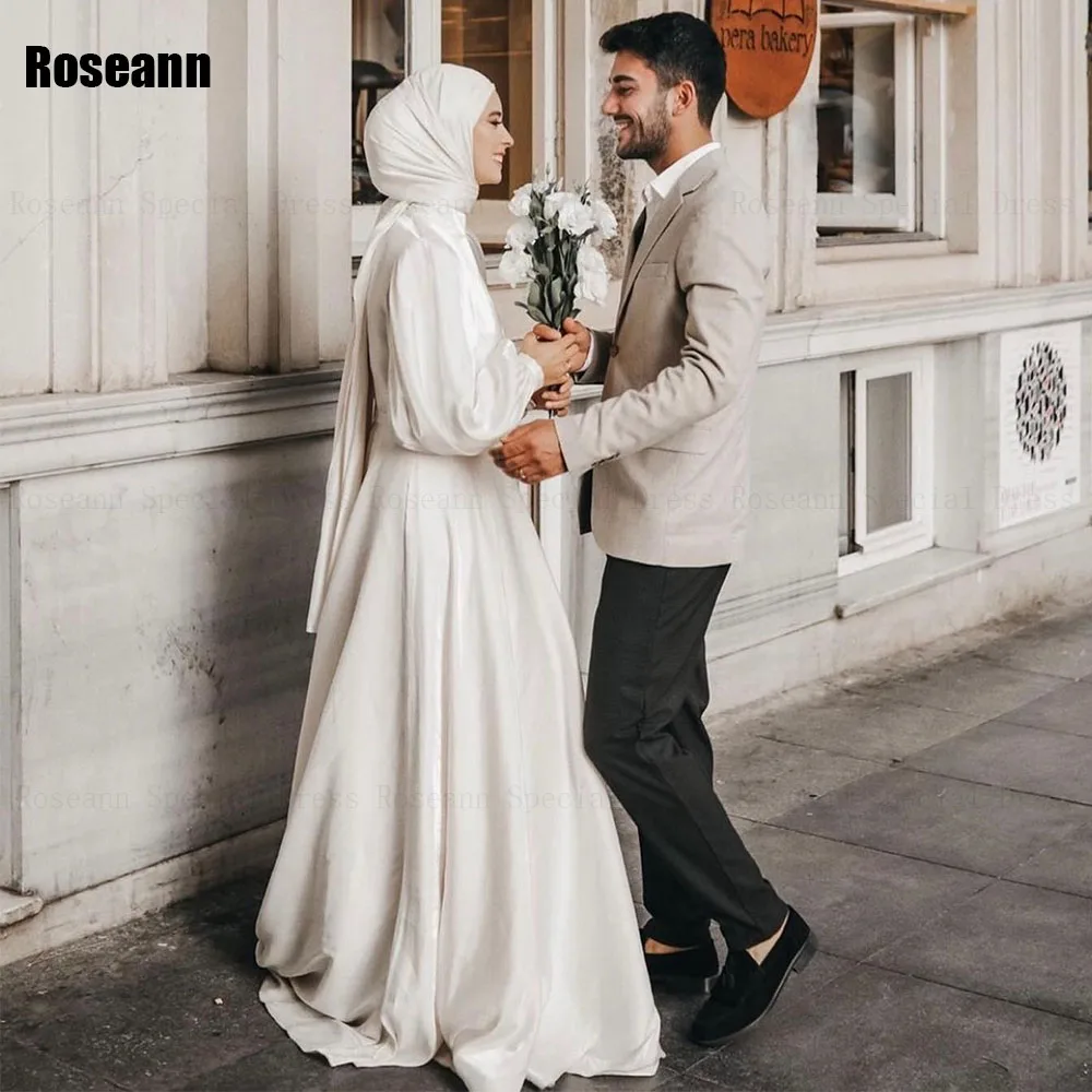 Muslim High Collar A-line Wedding Dresses 2024 New Draped Pleat Floor Length Ribbon Bride Dress Brush Train robe de mariée 5