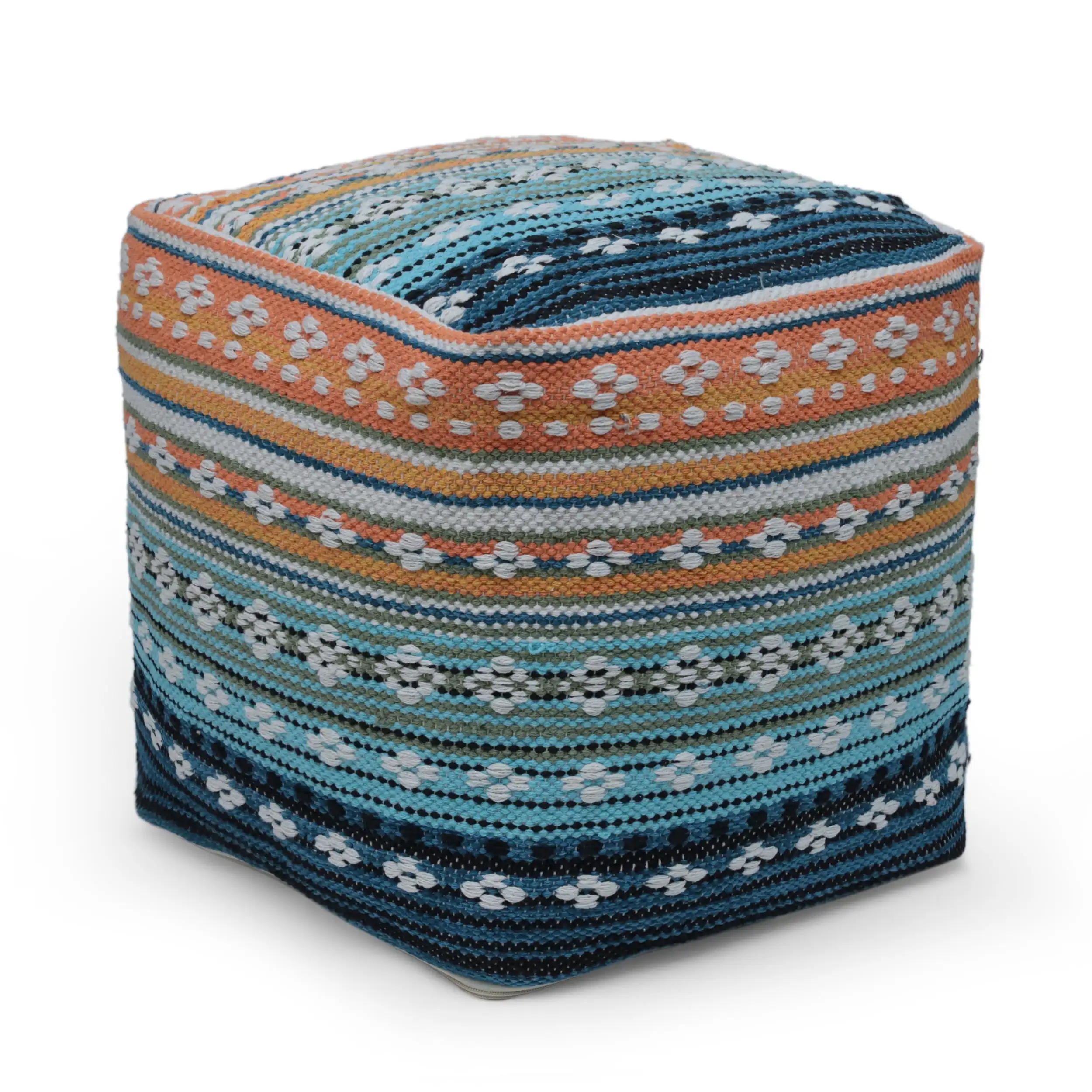 

Noble House Rawson Luxurious Colorfast Easy To Clean Fabric Handcrafted Peruvian Print Cube Pouf Yellow Teal and Multi-Blue