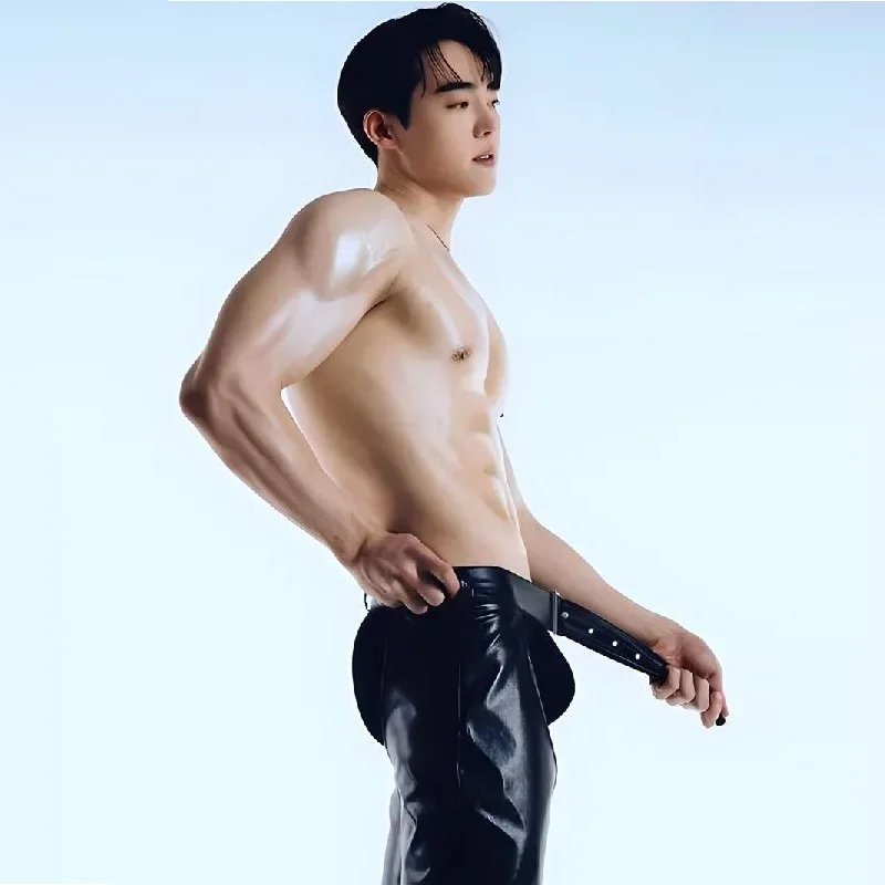 Men Exotic Open Crotch Faux Leather Pants Sexy Low Waist Fetish PU Trousers Gothic Pole Dance Nightclub Costume Clubwear Custom