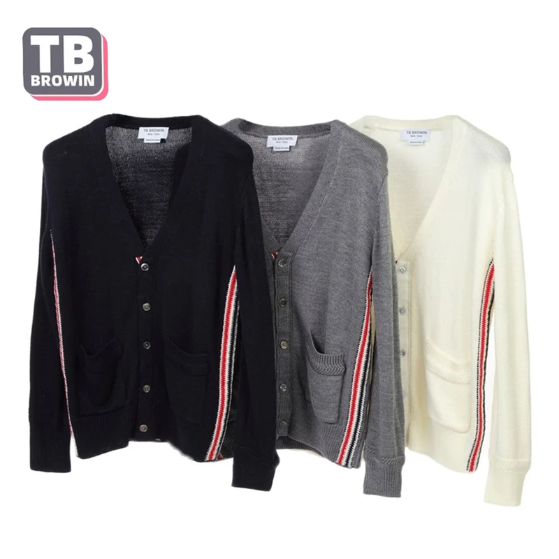 

Men's and Women's TB BROWIN thom cardigan sweater Korean version of the same style striped V-neck jacket for coat