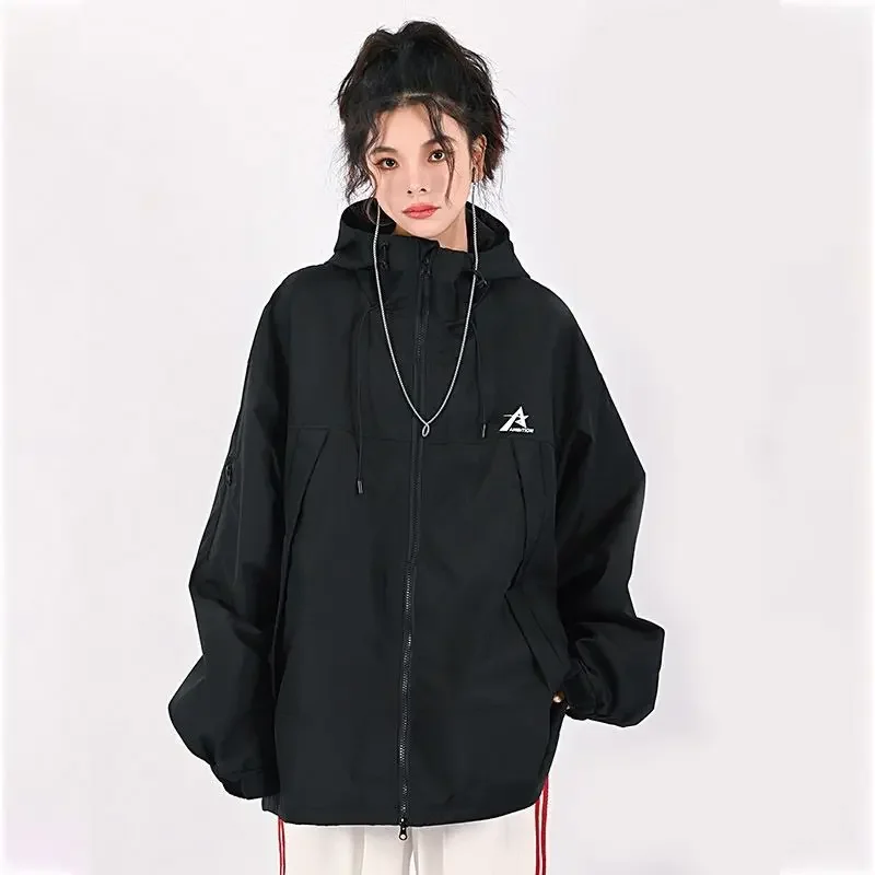 Oversized American Vintage Hooded Jacket Women Windbreaker Streetwear Sweatshirt Spring Autumn Coats Long Sleeve Waterproof New