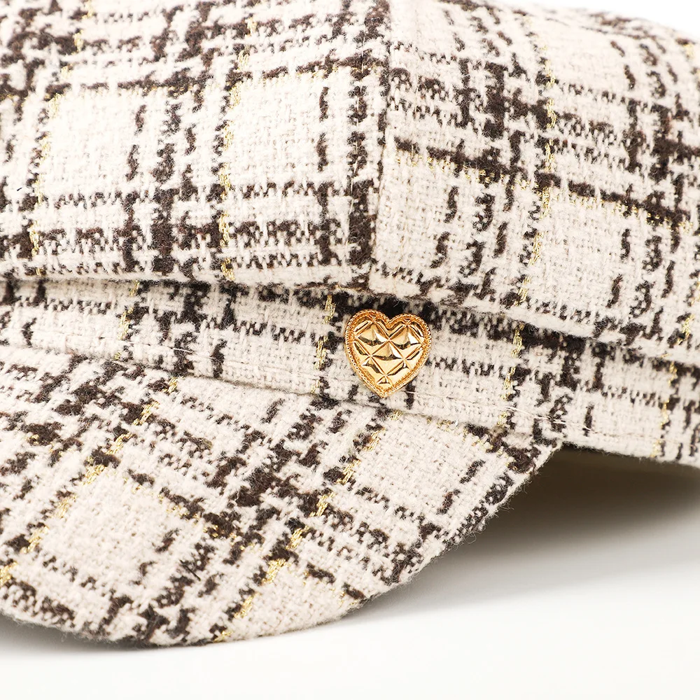Baskenmütze Frauen Zeitungsjunge Mütze Frühling Herbst Plaid Achteckige Hüte Für Frauen Mode Stil Süße Casual Neue Vintage – Detail 6