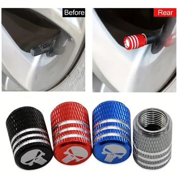4pcs/pack Creative Skull Head Logo Car Tire Valve Caps - Aluminum Alloy Valve Core Cover with Sealant Pad Accessories Tools New 1