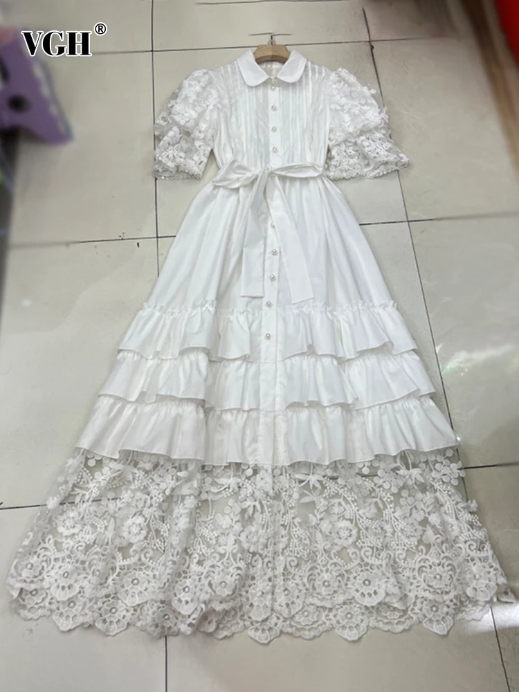

VGH Patchwork Lace Terried Split Dress For Women Lapel Puff Sleeve High Waist Spliced Pearls Solid Long Dresses Female Fashion