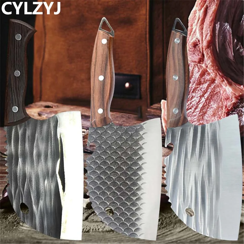 3PCS Butcher Knife Set, Hand Forged Serbian Chef Knife & Meat Cleaver Knife  & Viking Knives, Meat Cutting Kitchen Knife Set for Home, Outdoor Cooking