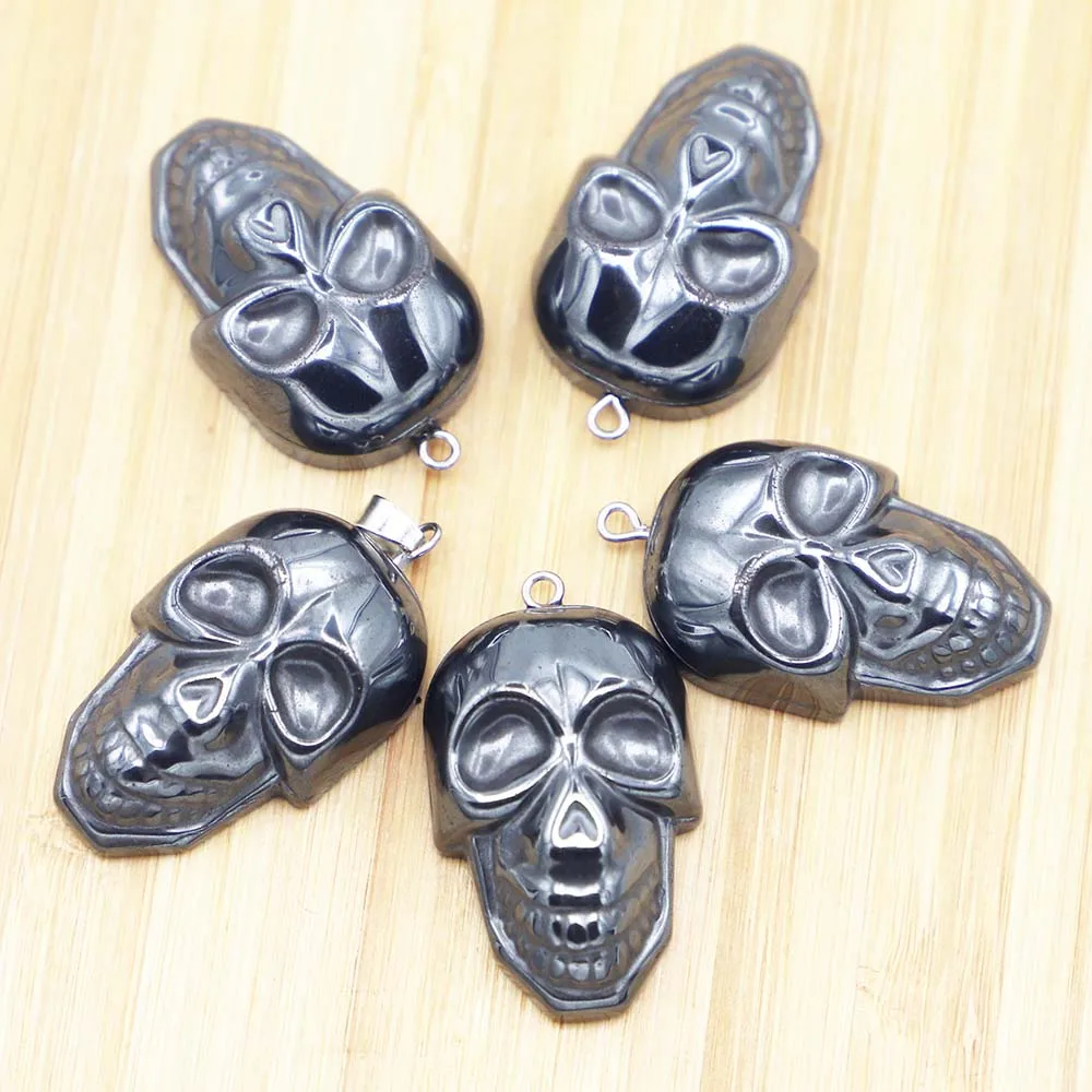 Nature Stone Hematite Skull Pendant Hip Hop Punk Bead Fashion Charm Metal Diy Necklace Women Men Making Jewelry Accessories 8Pcs
