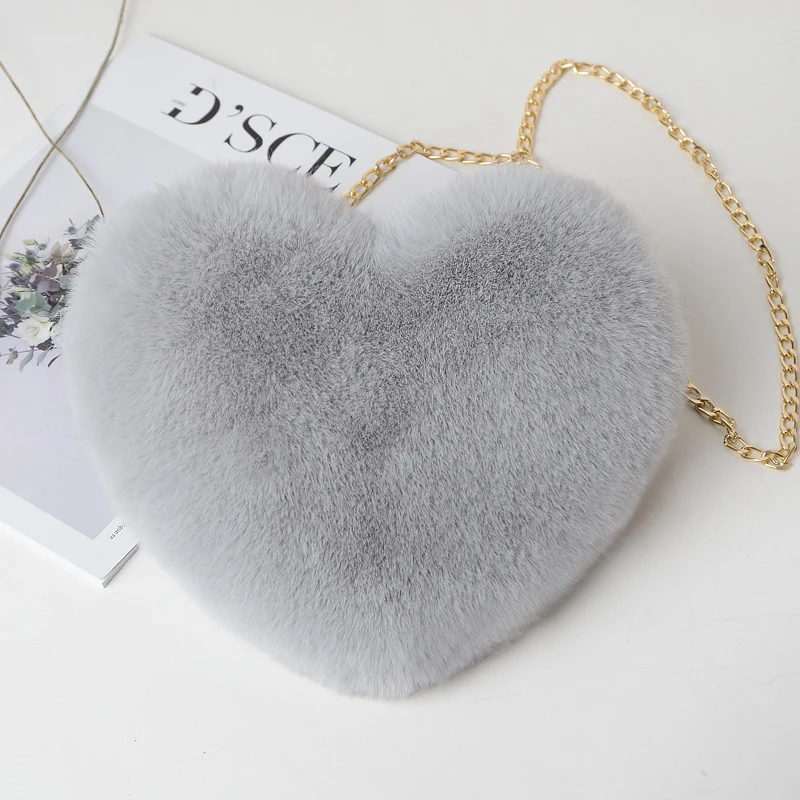Fashion Women's Heart Shaped Handbags Cute Kawaii Faux Fur Crossbody Bags Wallet Purse Plush Chain Shoulder Bag Lady Handbag