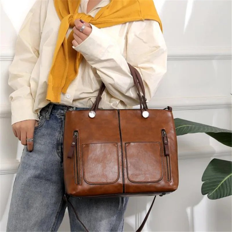Retro Leather Handbag Shoulder Bag for Women with Double Pocket, Large Capacity, Vintage Lady's Tote Bag, Simple Crossbody Bags