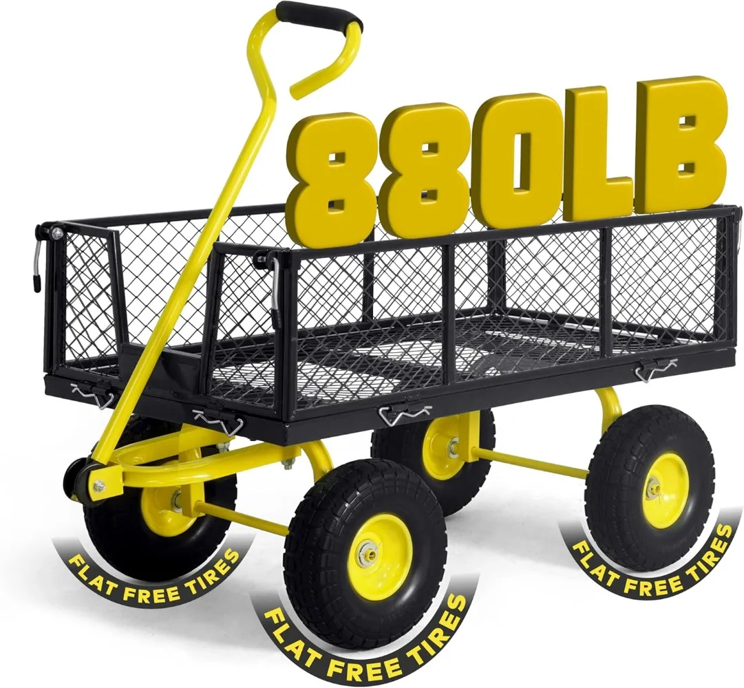 Metal Black Garden Cart, w/ 180&deg; Adjustable Yellow Handle, w/Mat and Strap, Heavy Duty 880 lbs Capacity, w/ 10&rdquo; Flat-Free Tires